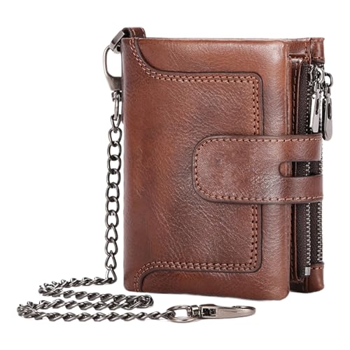 Cartera de cadena para hombre, de piel auténtica, antirrobo, múltiples ranuras para tarjetas, cierre de hebilla y cremallera vertical, café, Refer to description, Unisex