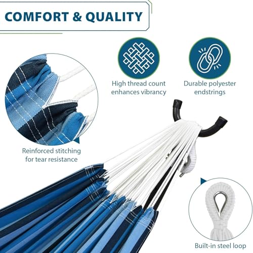 Image of Vivere Double Cotton Hammock, Space Saving Steel Stand, Blue Lagoon, 9 Ft