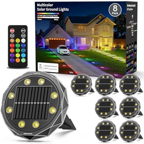 Solar Ground Lights with Remote Control 50ft,IP67 Waterproof Solar Garden 15 Multi Color Lights,RGBYW Solar Powered Outdoor Landscape Lighting for Pathway,Yard,Deck,Lawn,Patio,Walkway,Poolside,8 Pack