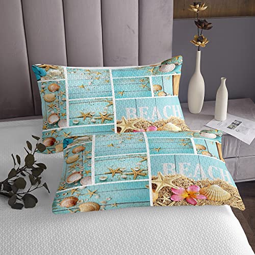 Erosebridal Hawaii Beach Bed Sheets Starfish Seashell Queen Sheet Set Pink Cherry Blossom Sheets Coastal Sealife Patchwork Flat Sheet Farmhouse Decor Lodge Cabin Fitted Sheet 4Pcs Light Blue #TOP4
