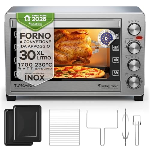 TurboTronic Fornetto Elettrico EVS30 30L, Forno Ventilato 1500W, 230°C, Tavolo, Argento