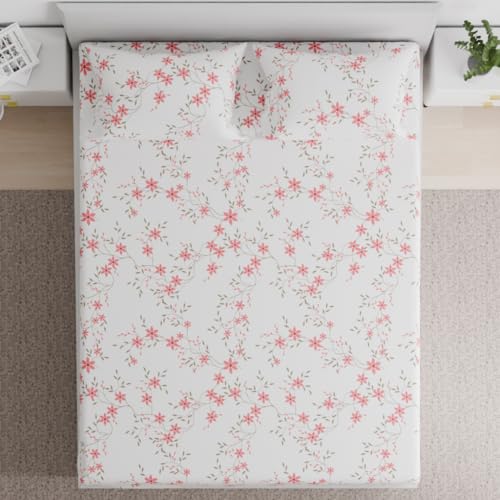 Image of Wakefit 100% Cotton 160 TC Flat Printed Bedsheet, Red Vine King Size (104x104 Inches) / (2.64m*2.64m) with 2 Pillow Covers Red Vine, King