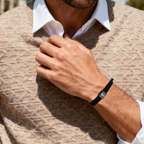 Pulsera cristiana cruz ajustable negra para hombre miniatura 3
