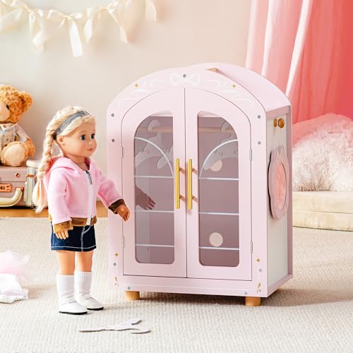 ROBOTIME Holz Puppenschrank für 43-45cm Puppen Kleiderschrank mit Spiegel & Kleiderbügel Holz Puppenmöbel mit Klaren Doppeltüren Ballet Fairy Serie Rosa