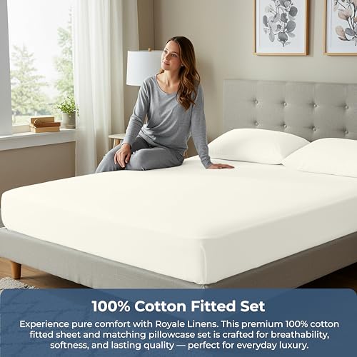 Image of ROYALE LINENS Fitted Sheet with Pillowcases - Full Fitted Sheets with 2 Pillowcases - 300 Thread Count 100% Organic Cotton - Fits Mattress Up to 18 inch Deep - Soft & Breathable - Ivory (No Flat Sheet)