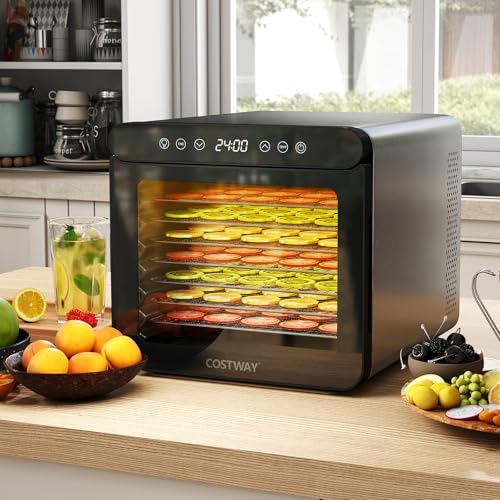 GOPLUS Deshidratador de Alimentos, Máquina para Deshidratar con Temperatura Ajustable de 30℃-75℃, Temporizador, 7 Bandejas de Acero Inoxidable, Apto para Lavavajillas, Pantalla Táctil, Luz
