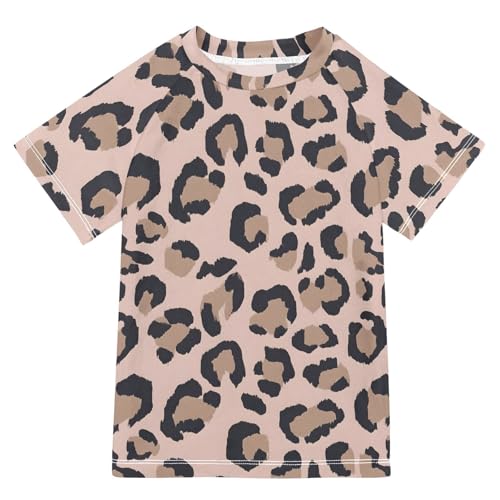 ALAZA Kids Rash Guard Girls Boys Toddler Swim Shirts Short Sleeve Brown Leopard Print UPF 50+ 3T