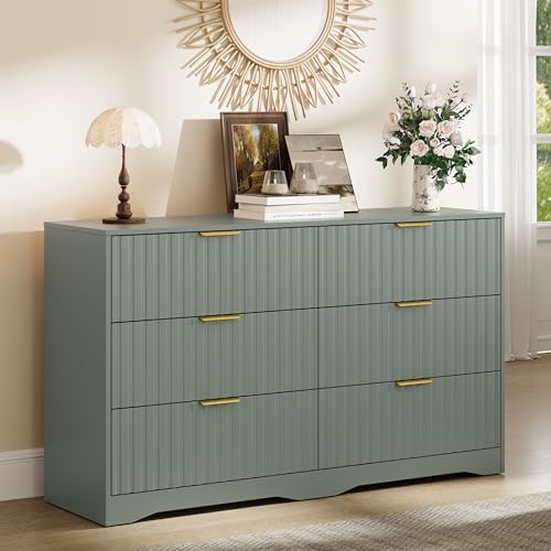 Image of Fluted 6 Drawer Dresser for Bedroom, 55 inch Wide Modern Wooden Chest of Drawers with Metal Handles, TV Stand & Closet Storage Organizer for Living Room,Hallway, Green