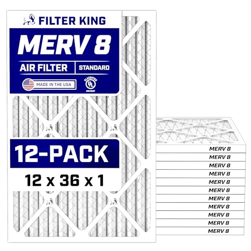 Filter King 12x36x1 Air Filter (MERV 8) (12-Pack) Dust & Allergy Control AC Furnace Filters MADE IN USA HVAC Pleated Electrostatic (Actual Size: 11.5 x 35.5 x .75)