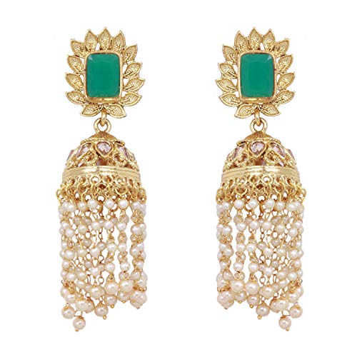 Ratna creation Women's Ratna Indian Bollywood Ethnic Gold Tone Long Jhumka Jhumki Bridal 3 Polki Earring Bridal Wedding Wear Polki Jewelr (Red) (Green) Green