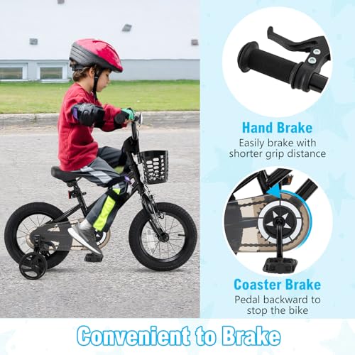 Image of BABY JOY Starry Kids Bike, 12 14 16 18 Inch Bicycle with Training Wheels, Storage Basket, Adjustable Handlebar & Seat, Handbrake & Coaster Brake, Girls Boys Bike