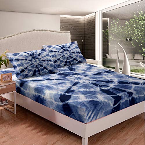 Erosebridal Tie Dye Fitted Sheet, Blue Tie Dye Bed Sheet Set Twin Size Tattoo Bed Cover for Kids Girls Boys Men Women, Ethnic Bedding Set Trendy Fitted Sheet Trippy Room Decor, Purple