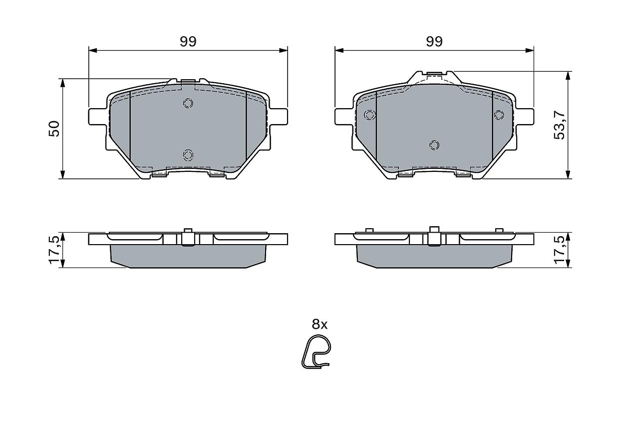 Bosch BP1711 - Pastiglie Freni Auto, Asse Posteriore - Qualità Bosch - Riduzione del Rumore e della Polvere - Certificazione ECE-R90 - Senza Rame - 1 Confezione da 4 Pastiglie - Con Accessori