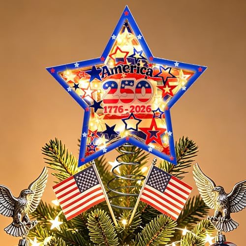 4th of July Patriotic Tree Topper with LED Lights, 250th Annivers...