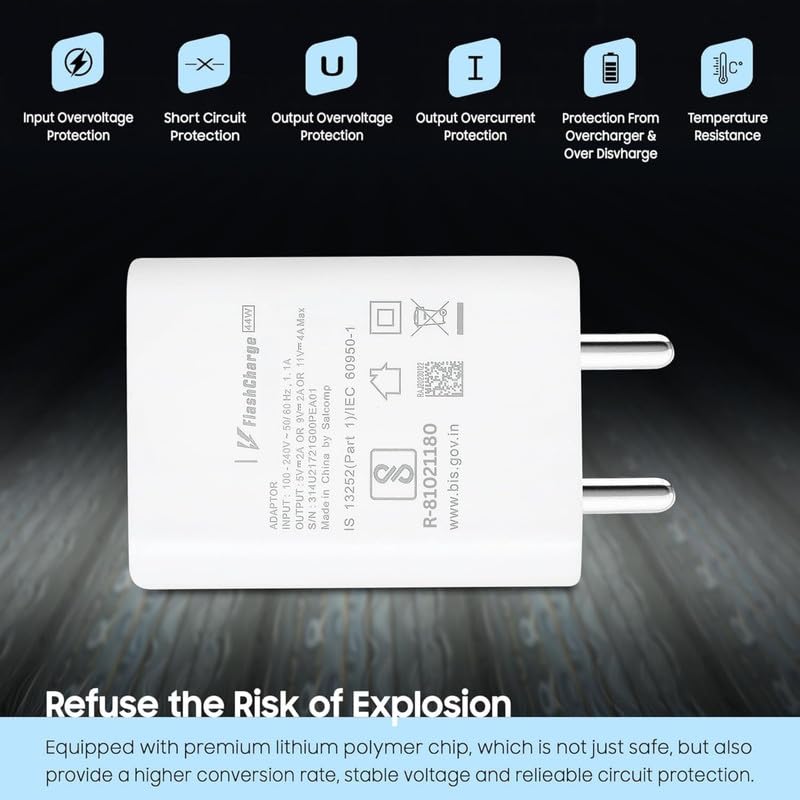 Image of 44W Flash Charger Compatible for vivo Y200, Pro, e,Y21,Y28,Y28s,Y29,Y30,Y300, Plus,Y31,Y33s,S19,Pro,S6,S7,T1,t5x,Pro,T2,T2x,T3, Lite, Pro, Ultra superfast Charge -JJ White