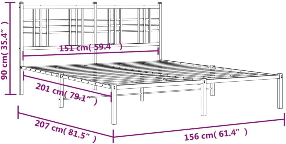 Bed Frame White Powder-Coated Steel King Size 59 x 79 in Platform Foundation with Sturdy Slatted Support Easy Assembly Minimalist Modern Bedroom Furniture Storage