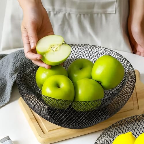 Image of Go Hooked Double-Layer Metal Mesh Fruit Bowl -12 Inch Durable & Stylish Iron Wire Basket, Keeps Fruits Fresh & Insect-Free, Perfect for Display Table, Dining Table, Room Desk Storage Basket - Black