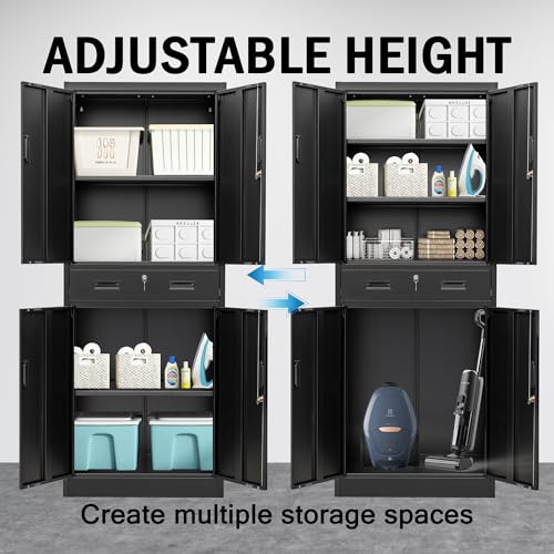 Metal Storage Cabinets with 1Drawer, 71" Storage Cabinet with 4 Locking Doors and 2 Adjustable Shelves, Steel Storage File Cabinet for Pantry Home, Kitchen, Office, Garage (Black)