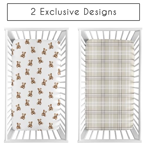 Image of Sweet Jojo Designs 2-Piece Baby Crib Sheets Set (Boho Teddy Bear) for Boys or Girls, Infant Nursery, Toddler Room - Fitted, Standard Size (Taupe Plaid & Brown Watercolor, Classic, Wholesome Aesthetic)