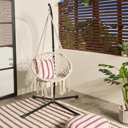 OHS Macrame Knotted Egg Chair Swing Chair with Stand for Bedroom Patio Balcony Garden Furniture Hanging Egg Chair Comfy Relaxing Garden Swing Outdoor Indoor Use Cream