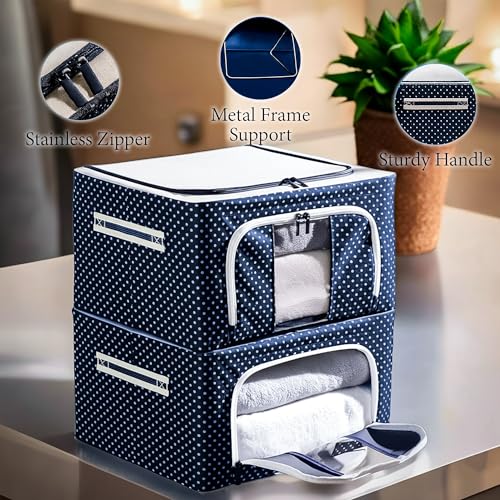 Image of CLAPONE Foldable Steel Frame Cloth Organizer Storage Box and Organiser /Wardrobe Organizer for Storage /almirah for Sarees /Shirts /Blankets /Clothes Storage Box (Blue, 24 Ltr Pack Of 4)