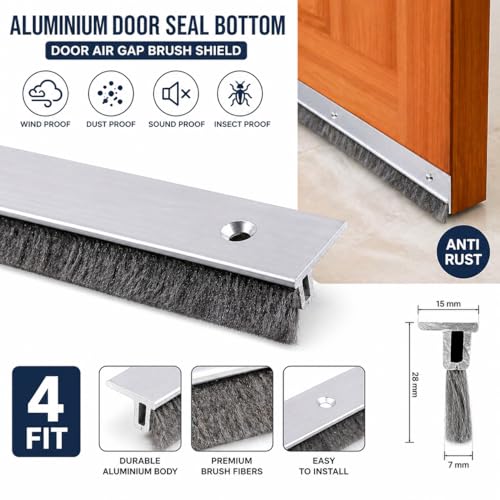 Image of Aluminium Door Seal Bottom 4 ft with Black Brush | Door Air Gap Sealer Strip | Dust, Insect & Noise Blocker | Anti Rust Heavy Duty Door Sweep | Easy Install for Home & Office