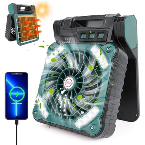 MODIGT Solar Camping Fan with LED Light & Timer, 4 Speeds Rechargeable Battery Operated Fan, 90° Folding Portable Desk Fan for Picnics,Fishing,Travel,Outages Cover