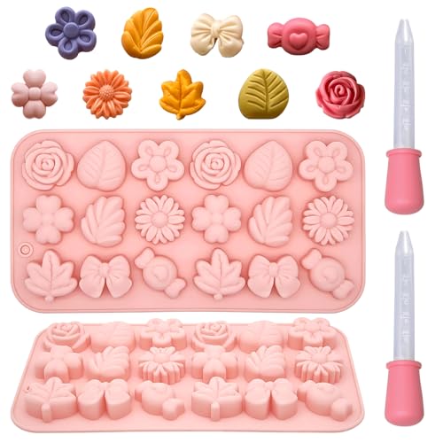 Blumen Silikonformen Backen Set mit 2 Pipetten Schokoladenform Pralinenform für Blumen, Rosen, Blätter, Schleifen Vielseitige Silikonbackform für Schokolade, Pralinen, Backen, Deko, Seife, Eiswürfel