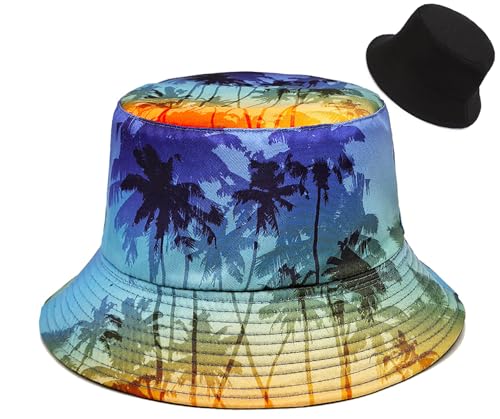 DIYDECAL Coconut Tree Print Bucket Hat Beach Sun Hat Fisherman Hats for Mens Womens Blue