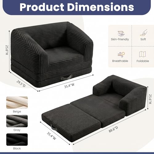 Image of JUIKURY Convertible Sofa Bed, 3-in-1 Foldable Loveseat Couch with Armrest, Corduroy Floor Sofa & Sleeper Bed, No Assembly High-Density Foam Futon Mattress for Living Room, Small Apartment, Dorm
