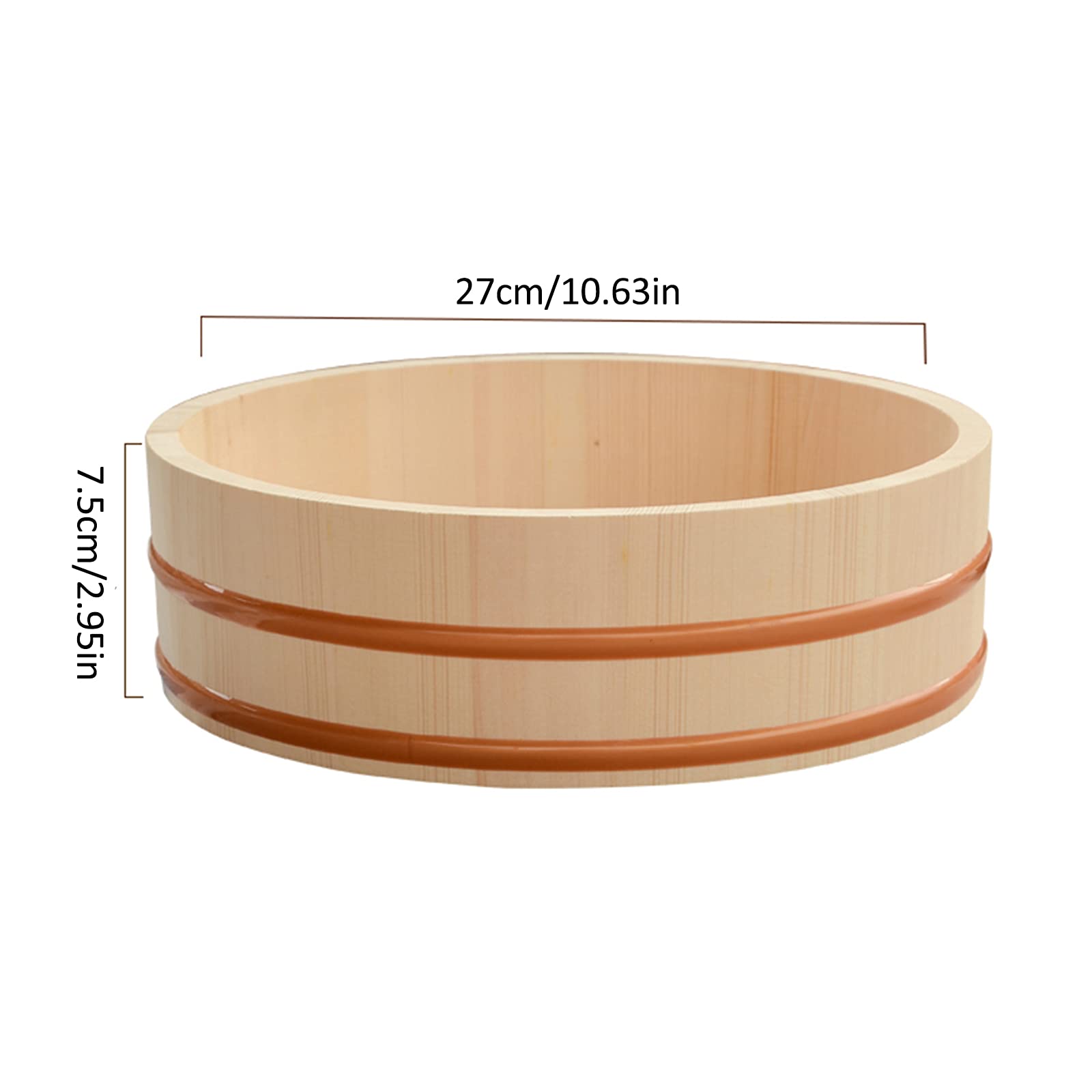 AIZYR Ręcznie wykonana miska do mieszania ryżu Hangiri Sushi Oke - japońska drewniana wanna do mieszania ryżu z łopatką do robienia sushi i mieszania ryżu sushi, 27 cm / 10,6 cala