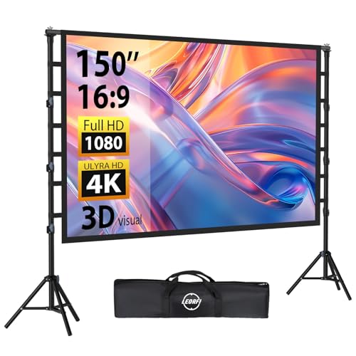 Image of Outdoor Projector Screen with Stand: LEORFI 150 inch Projector Screen Portable, Indoor Projections Screen and Stand, Rear Front Movie Screen 16:9 4K Full HD,Support Height Adjustable for Home Theater
