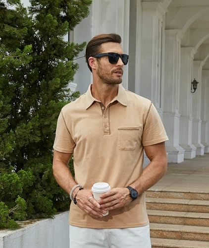 Men's Fashion Polo Shirts Classic Short Sleeve Lightweight Button Cotton T-Shirt Casual Golf Tee Tops with Pocket3