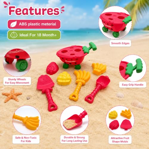 Image of WISHKEY Beach Toys for Kids 6 Pcs Fruit Beach Sand Toy Set with Strawberry Wheelbarrow, Sand Rake, Sand Shovel & Fruit Moulds Beach Sand Play Set for Boys & Girls ABS Plastic 18 Months+ Multicolor