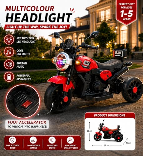 Image of Kawaii Kids 6V Battery Operated Ride-On Bike with Music & LED Lights, Red