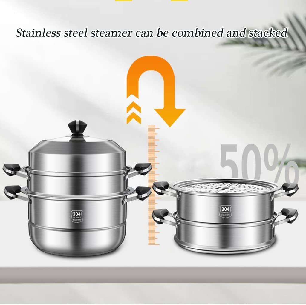 ステンレススチール製スープポット 調理器具 蒸し器バスケット付き ガス、電気、IH、グリルトップ対応 食器洗い機対応，Silver