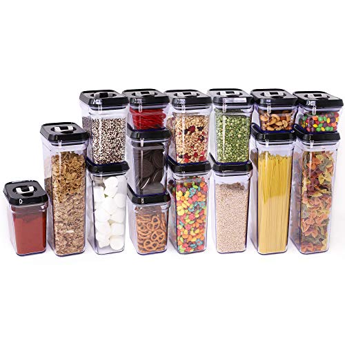 [15-Piece Set] Zeppoli Air-Tight Food Storage Container Set - Durable Plastic - BPA Free - Clear Plastic with Black Lids (2.0 qt/2.3 liters) (1.5 qt./1.7 liters) (0.9qt/1.0 liter) (0.35qt/0.38 liter)