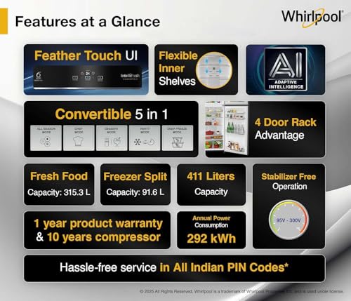 Image of Whirlpool 411L 2 Star IntelliFresh Convertible Inverter Frost Free Double Door Refrigerator (IF INV CNV 455 Steel Onyx-Z, 2s)