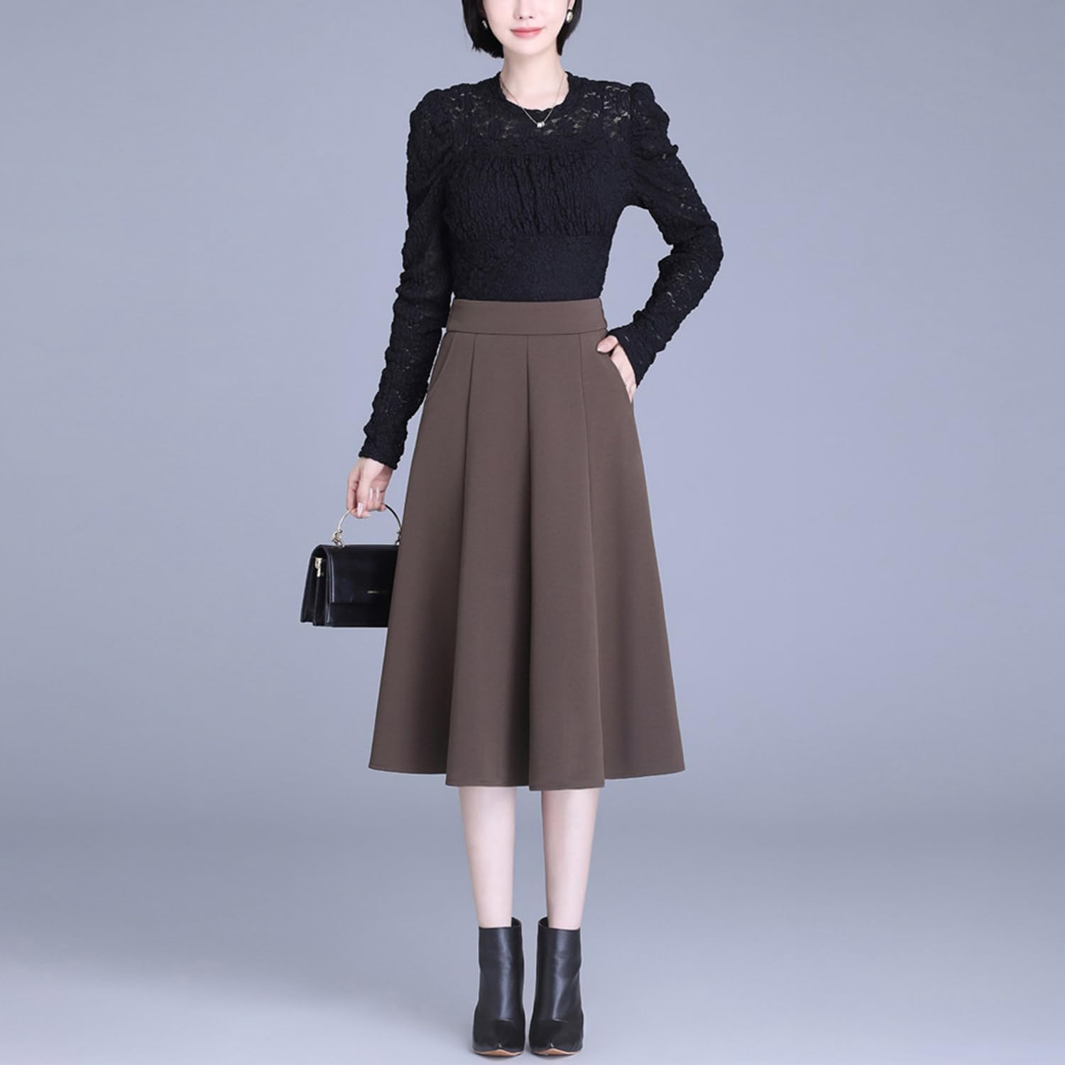 Lange Swing Rok Hoge Elastische Taile Geplooide A-lijn Midi