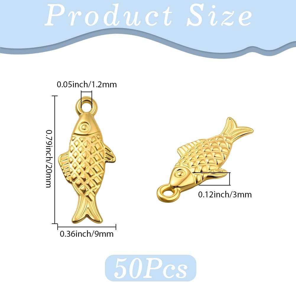 50Pcs Golden Fish Charms Tibetan Style Sea Animal Alloy Pendants Cute Ocean Fish Dangle Charms with Holes for DIY Necklace Bracelet Earring Craft Jewelry Making Keychain 20x9x3mm - Image 2