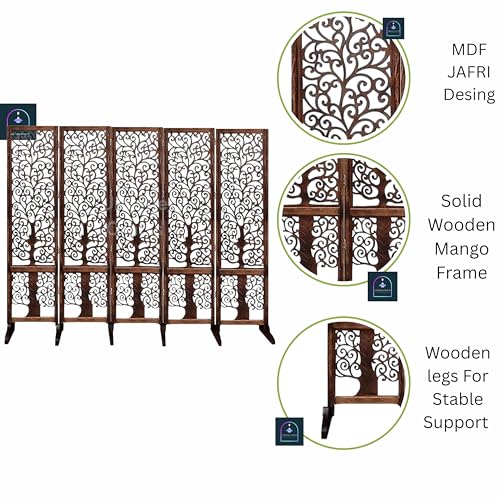 Image of Wooden Room Partition /Screen /Room Divider /Room Separator Traditional Handicrafts 6Ft (Dark Brown) (Tree 5 Panel with Stands)