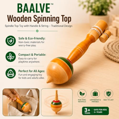 Image of Wooden Spinning Top - Spindle Top Toy with Handle & String - Traditional Design - Enhances Fine Motor Skills & Eco-Friendly, Ideal for 3+ Years Kids, Top Toy Spinning, Bongaram for Kids.