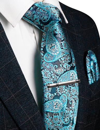 Image of RBOCOTT Silk Stripe Plaid Tie and Pocket Square with Tie Clip Sets for Men
