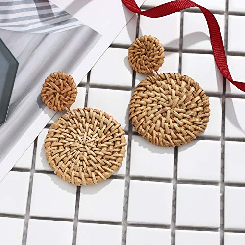 Rattan Earrings For Women Girls Handmade Lightweight Wicker Straw Stud Earrings Statement Weaving Braid Drop Dangle Earring (Dark Rattan Disk) #TOP5