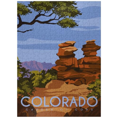 MyPuzzle Garden of Gods Colorado USA Art Deco Style Vintage Poster Illustration - Premium 300 Piece Jigsaw Puzzle for Adults