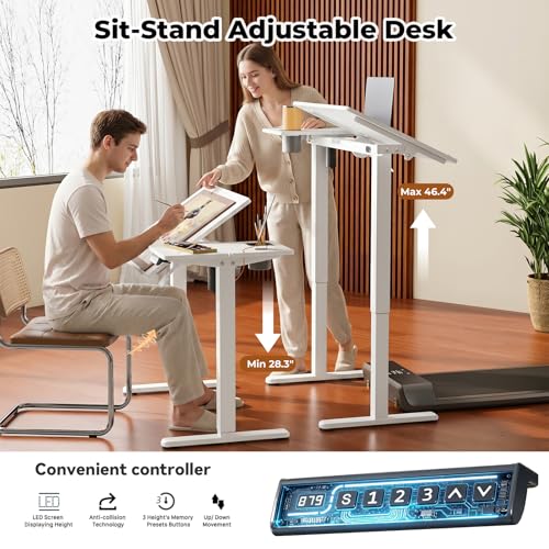 Image of JOY worker Electric Drafting Table, 40x20 inch Height Adjustable Standing Art Desk, Drawing Workstation with 0‑90 Tiltable Surface, Cup Holder & Cable Management for Artist Craft Home Studio, White