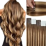 Lacer Tape in Hair Extensions Human Hair 20pcs 50g Balayage Chocolate Brown to Caramel Blonde Tape in Hair Extensions 16 Inch R#4-4/27 Thick Ends