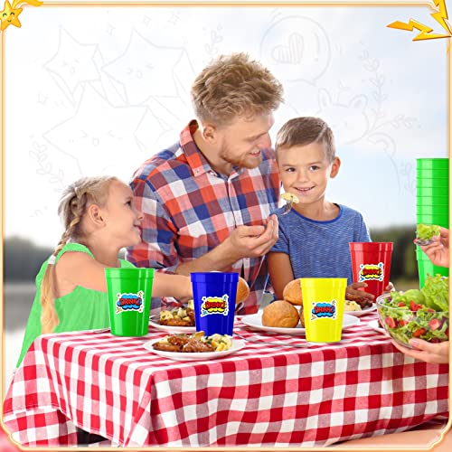 Suclain 48 Pcs Hero Plastic Tumblers With 48 Pcs Waterproof Stickers, Plastic Cups Reusable 12Oz Comic Kitchen Cups For Kids Birthday Party Supplies, 4 Colors #TOP5