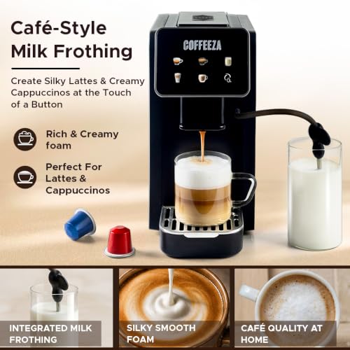 Image of COFFEEZA Lattisso Pro One-Touch Coffee Machine with 5 Coffee Capsule Variety Pack | Cappuccino, Latte, Espresso & Lungo | 19-Bar, Milk Frother, Auto Clean, Original Line Compatible