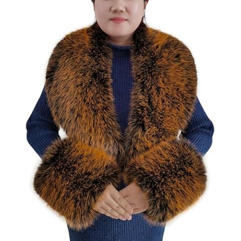 YIJIARAN Faux Fox Fur Collar Cuffs Set Warm Furry Fake Skin Scarf Winter Neck Warmers Scarf Windproof Cuffs Set Women Fluffy Large Size Shawl Female Scarves (Orange tip) Cover